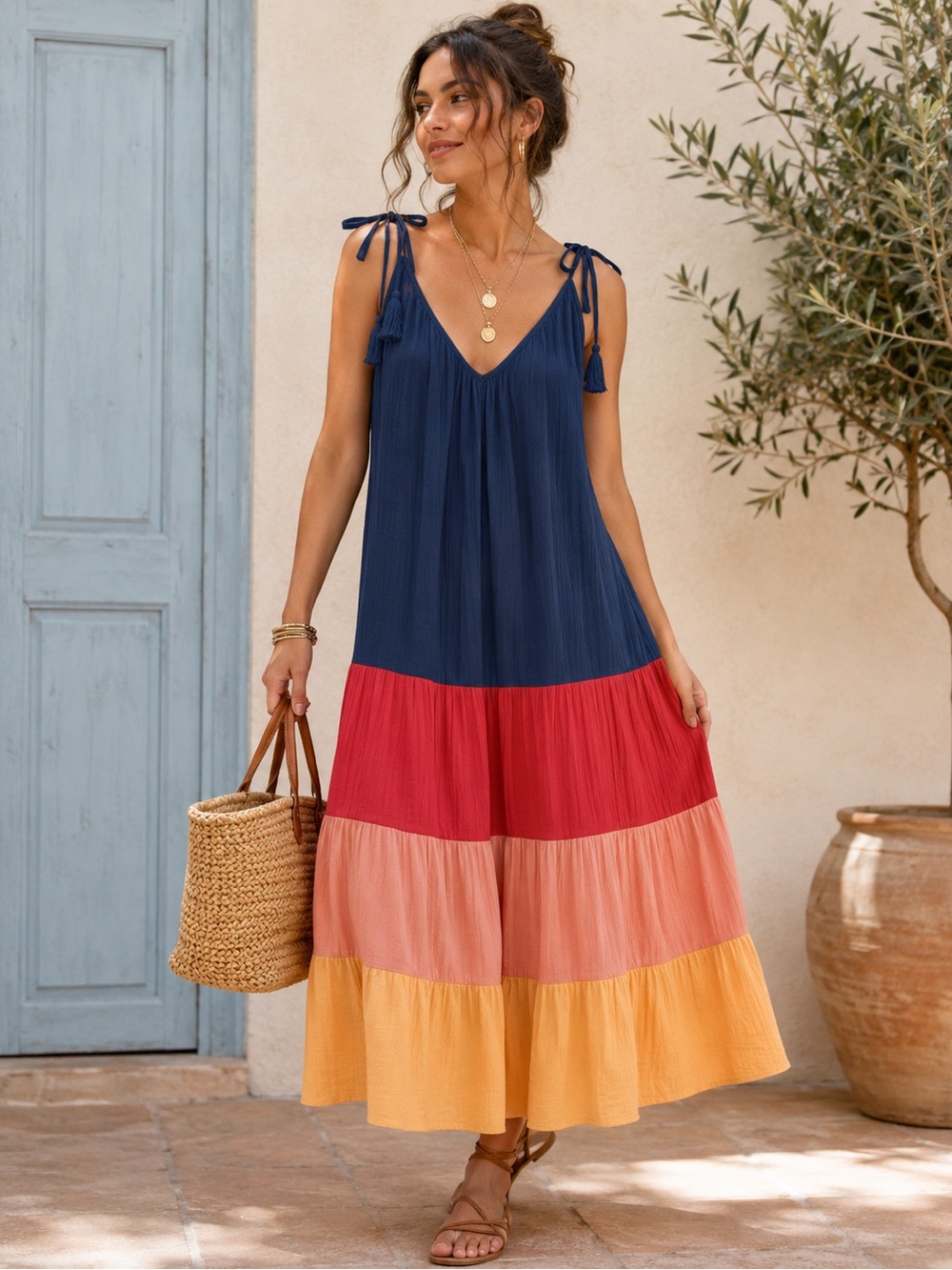 Tiered Tie-Shoulder Maxi Dress in Navy, Red, Peach & Mustard